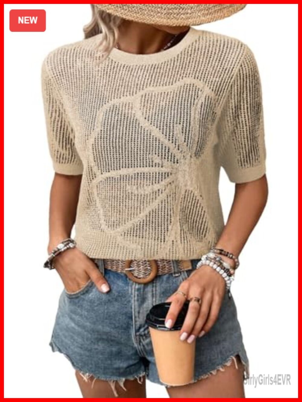 Crochet Short Sleeve Sweater Hollow Out Floral Pullover Beach Vacation Top
